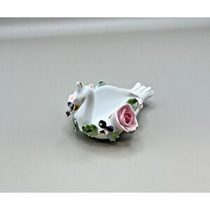 Small Porcelain Swan w/ Delicate Red Roses & Gold Trim Made in Japan Signed READ